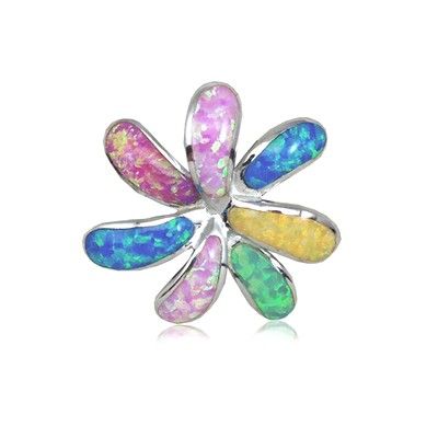 Sterling Silver Hawaiian 25mm Tiare Flower Rainbow Opal Slide Pendant