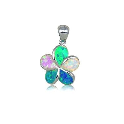 Sterling Silver Hawaiian 15mm Fancy Plumeria Rainbow Opal Pendant