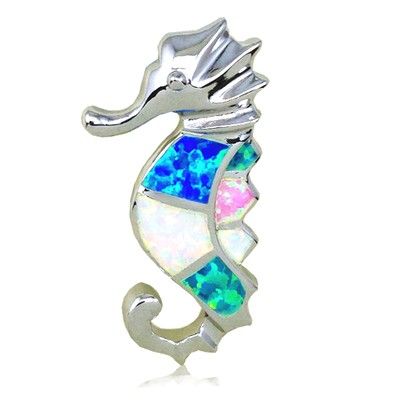 Sterling Silver Hawaiian Fancy Seahorse Shaped Rainbow Opal Slide Pendant