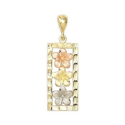 14kt Tri-color Gold Plumeria Vertical Pendant