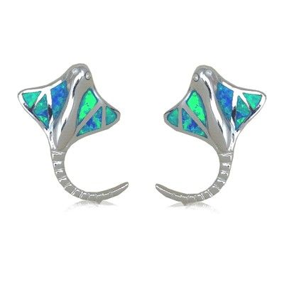 Sterling Silver Hawaiian Ray Fish Shaped Blue Opal Pierced Earrings 