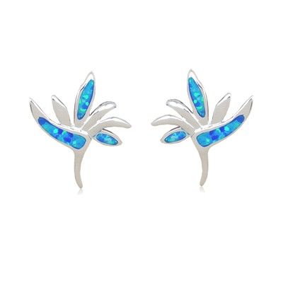 Sterling Silver Hawaiian Bird of Paradise Shaped Blue Opal Pierced Earrings