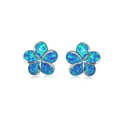 Sterling Silver Hawaiian 12MM Plumeria Blue Opal Pierced Earrings