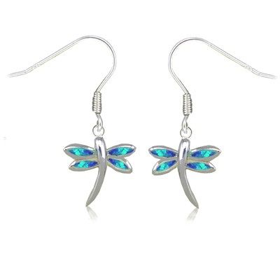 Sterling Silver Hawaiian Dragonfly Shaped Blue Opal Earrings with Fish Wires