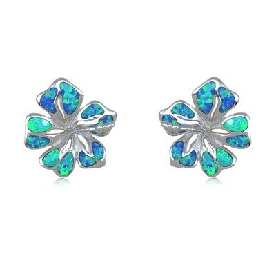 Sterling Silver Hawaiian 15MM Hibiscus Shaped Blue Opal Pierced Earrings 