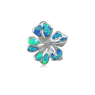 Sterling Silver Hawaiian 18MM Hibiscus Shaped Blue Opal Slide Pendant (S)