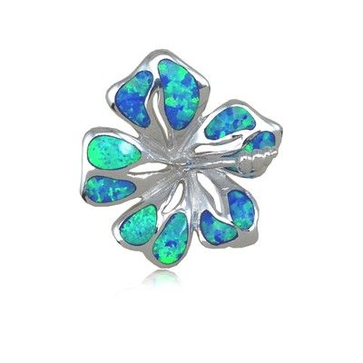 Sterling Silver Hawaiian 25MM Hibiscus Shaped Blue Opal Slide Pendant (L)