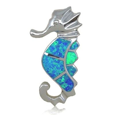 Sterling Silver Hawaiian Fancy Seahorse Shaped Blue Opal Slide Pendant