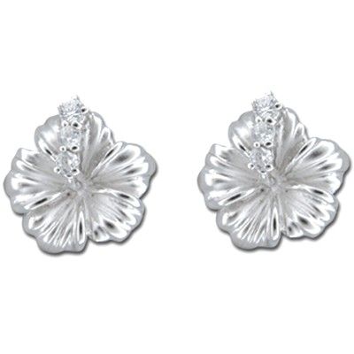 Sterling Silver 12MM Hawaiian Hibiscus with Clear CZ Earrings (S)