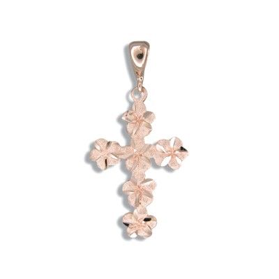 14kt Rose Gold 6mm Plumeria Leis Cross Pendant