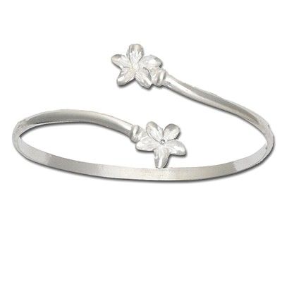Sterling Silver Double Hawaiian Plumeria with Clear CZ Cuff Bangle