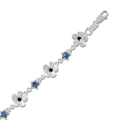 Sterling Silver 11MM Hawaiian Plumeria Design with Star Shaped Blue CZ Bracelet