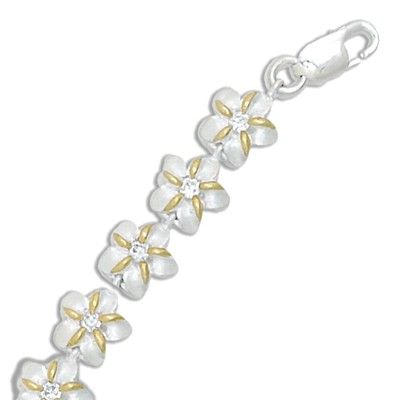 Sterling Silver Two Tone 8MM Hawaiian Plumeria with Clear CZ Design Bracelet