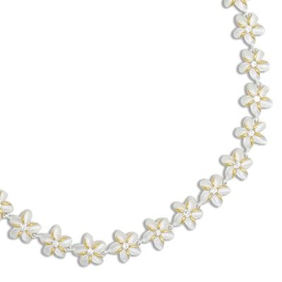 Sterling Silver Two Tone 12MM Hawaiian Plumeria with Clear CZ Design Bracelet