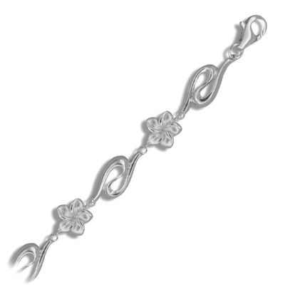 Sterling Silver 10MM Hawaiian Plumeria and Wave Design Bracelet