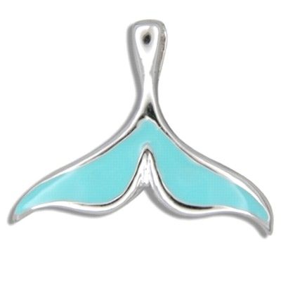 Sterling Silver Hawaiian Whale Tail with Blue Enamel Design Pendant (L)