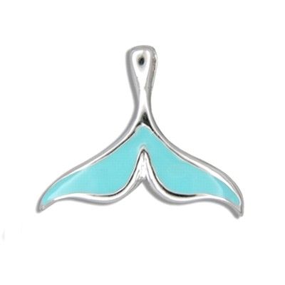 Sterling Silver Hawaiian Whale Tail with Blue Enamel Design Pendant (S)