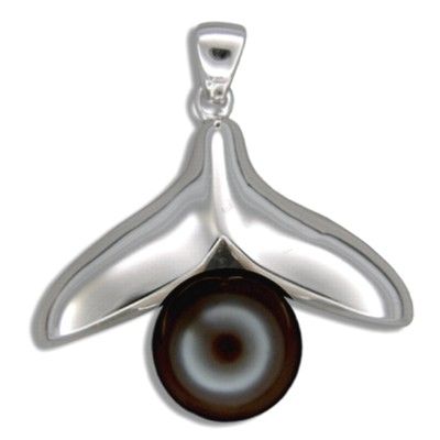 Sterling Silver Hawaiian Whale Tail with Black Shell Pearl Design Pendant (L)