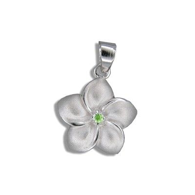 Sterling Silver Hawaiian 15MM Plumeria with Peridot CZ Design Pendant