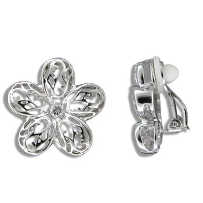 Sterling Silver Cut-in Hawaiian Plumeria with CZ Clip-On Earrings