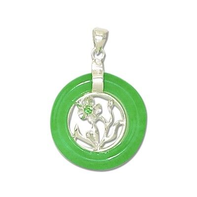 Sterling Silver Hawaiian Plumeria Design Green Jade Pendant