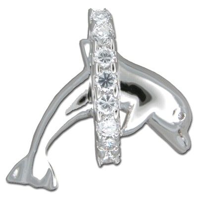Sterling Silver Jumping Dolphin and Hawaiian CZ Leis Slider Pendant