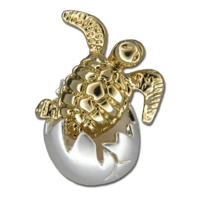 Sterling Silver Two Tone Hawaiian Baby Turtle Hatching Egg Slide Pendant