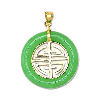 14KT Yellow Gold Chinese Longevity Symbol Green Jade Pendant
