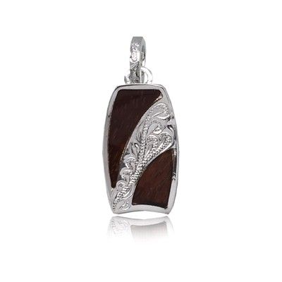 Sterling Silver Hawaiian Koa Wood Bodyboard Shaped Engraved on the Center Pendant