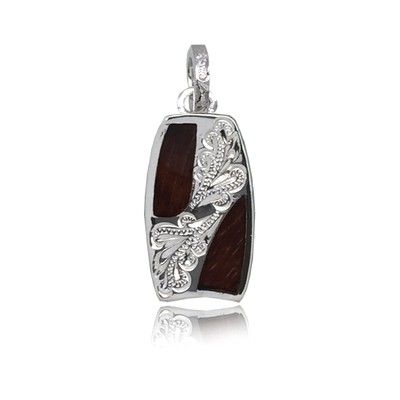 Sterling Silver Hawaiian Koa Wood Bodyboard Shaped Engraved on the Corner Pendant