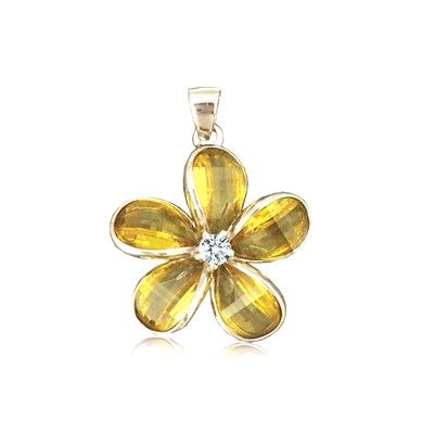 Sterling Silver 18MM Hawaiian Plumeria with Semi-Precious Yellow Citrine Pendant 