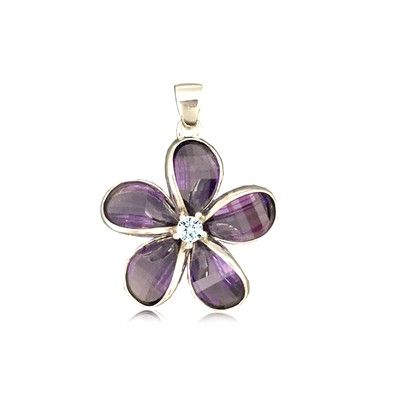 Sterling Silver 18MM Hawaiian Plumeria with Semi-Precious Purple Amethyst Pendant 