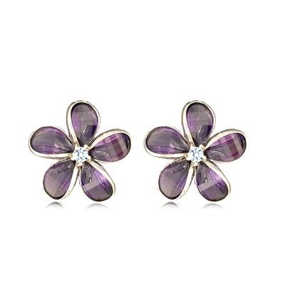 Sterling Silver 15MM Hawaiian Plumeria with Semi-Precious Purple Amethyst Post Earrings