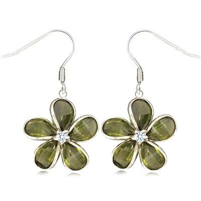 Sterling Silver 15MM Hawaiian Plumeria with Semi-Precious Green Peridot Fish Wire Earrings