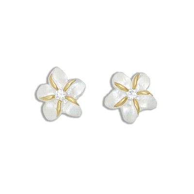 Sterling Silver Two Tone 12MM Hawaiian Plumeria with Clear CZ Design Earrings
