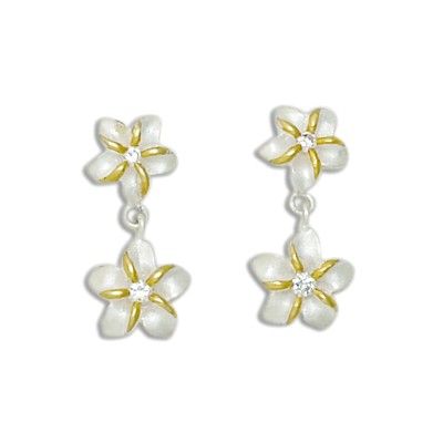 Sterling Silver Two Tone Double Hawaiian Plumeria with Clear CZ Design Drop Earrings