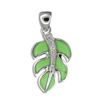 Sterling Silver Hawaiian Green Turquoise Monstera Leaf Pendant with CZ