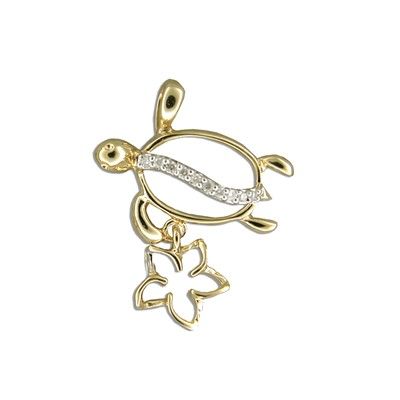 14kt Yellow Gold Diamond Hawaiian HONU with Cut-Out Plumeria Pendant