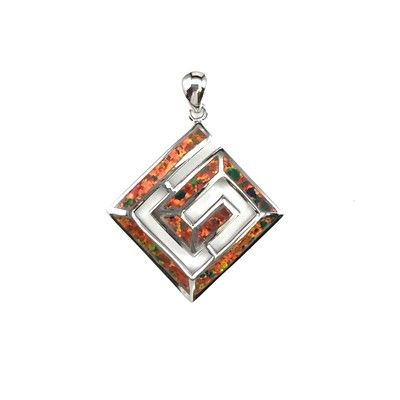 Sterling Silver Hawaiian Geometric Shaped Red Fire Opal Pendant