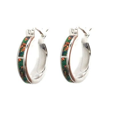 Sterling Silver Hawaiian Hoop with Red Fire Opal Post Earrings