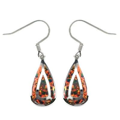 Sterling Silver Hawaiian Waterdrop Shaped with Red Fire Opal Fish Wire Earrings