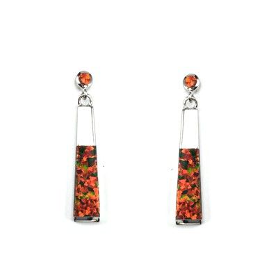 Sterling Silver Hawaiian Long Bar Shaped with Red Fire Opal Post Earrings