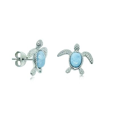 Sterling Silver and Genuine Larimar Small Honu Stud Earrings