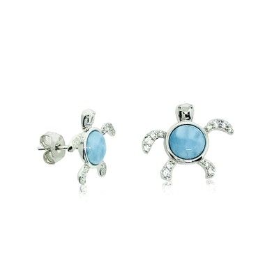 Sterling Silver and Genuine Larimar CZ Small Honu Stud Earrings