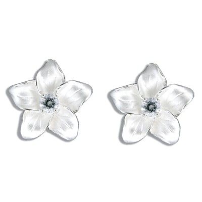 Sterling Silver White Sand CZ Plumeria Pierced Earrings