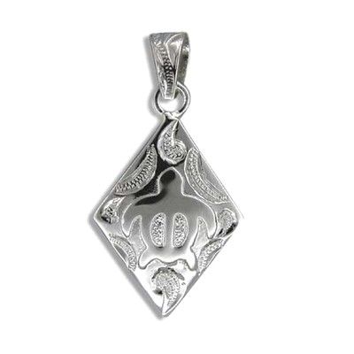 Fine Engraved Sterling Silver Men's Diamond Honu Pendant