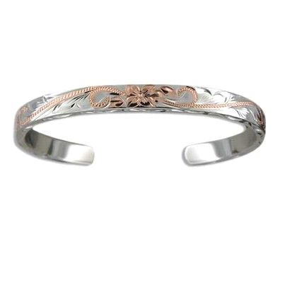 Fine Engraved Sterling Silver Two Tone Hawaiian Plumeria and Scroll 6mm Cuff Bangle