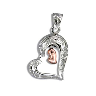 Fine Engraved Sterling Silver Cut-Out Heart with Dangling Heart Shaped Pendant