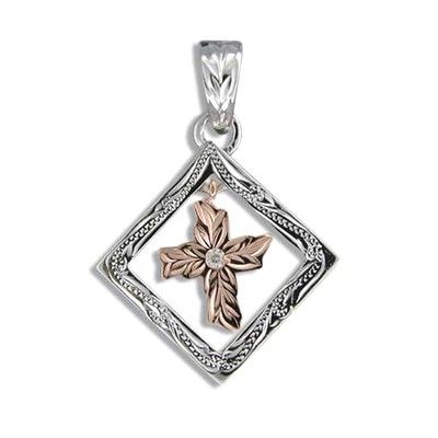 Fine Engraved Sterling Silver Cut-Out Square with Dangling Cross Shaped Pendant