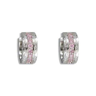 Fine Engraved Sterling Silver Hawaiian Scroll with Channel Set Pink CZ Hoop Earrings